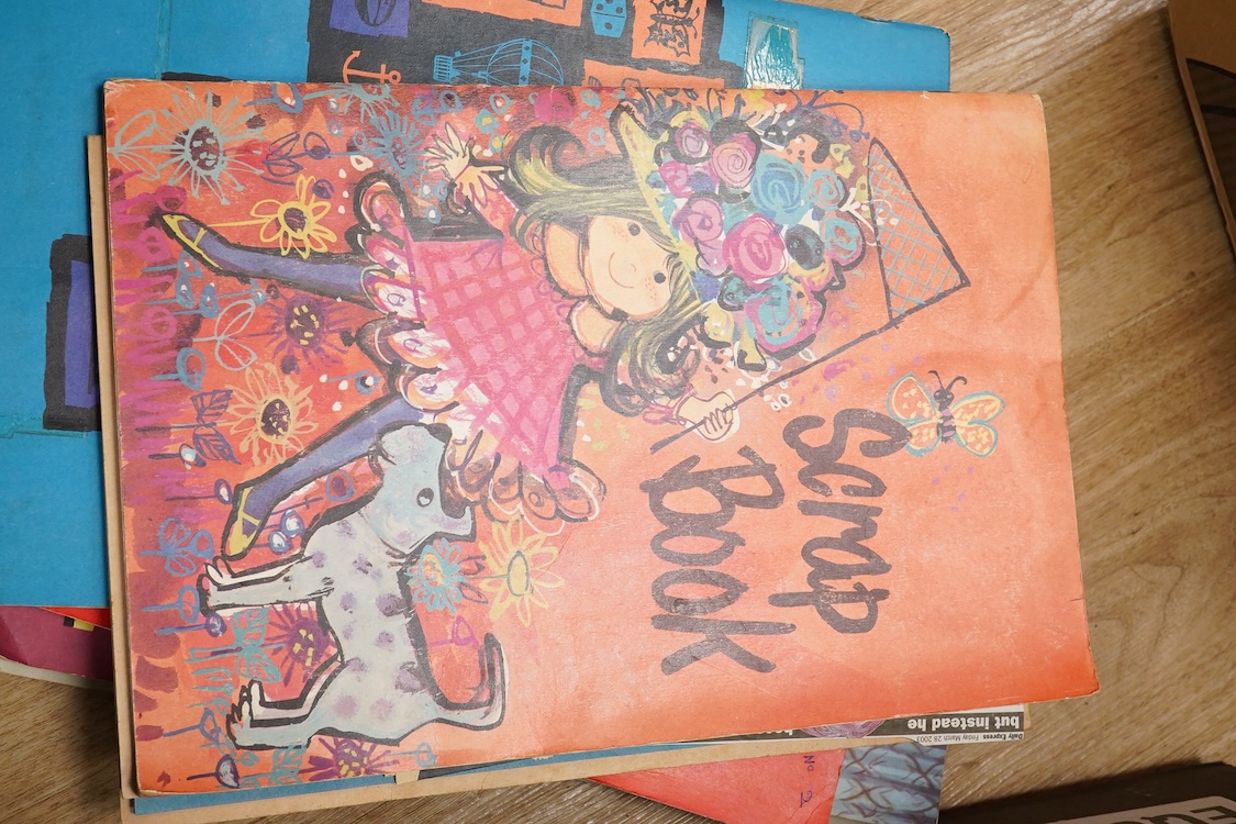 A collection of original 1960s pop memorabilia including The Beatles related items; a pair of Beatles curtains together with some spare material, a brooch on its original backing card, and a number of magazines, a 1979 W